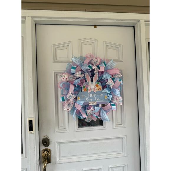 Handcrafted "Hop On In" Bunny Wreath - Easter/Spring Decor, Pastel Colors - Picture 9 of 9